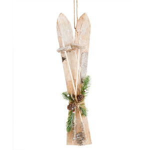 Christmas Ornament - Wooden Skis with Poles