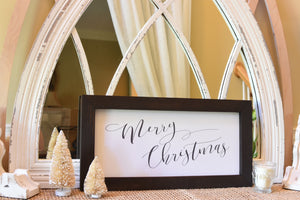 Sign - Wooden Frame (Stained) and Natural Canvas Vintage "Merry Christmas" (Script)