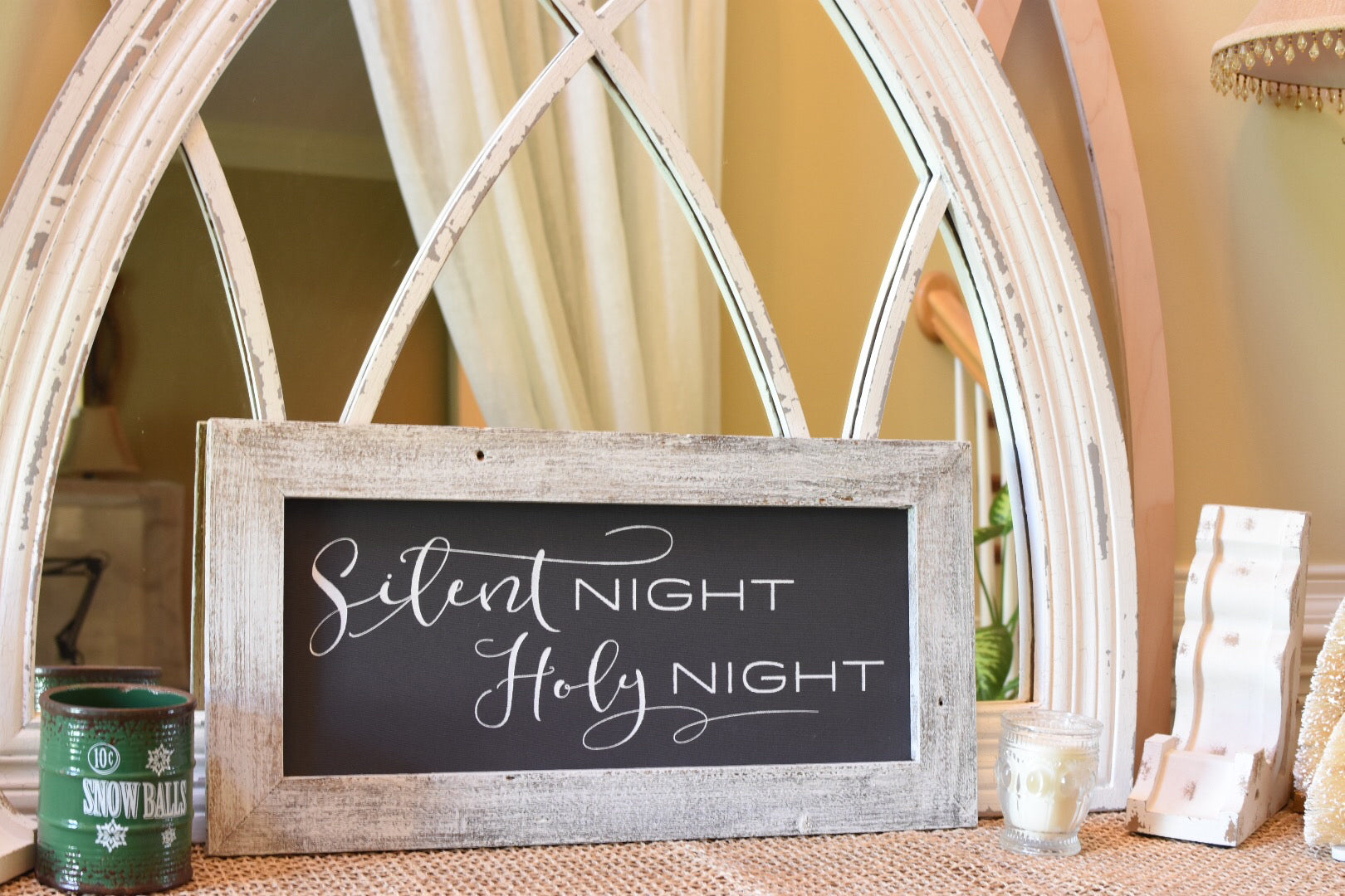 Sign - Wooden Frame & Charcoal Canvas, Vintage "Silent Night Holy Night" (Script)