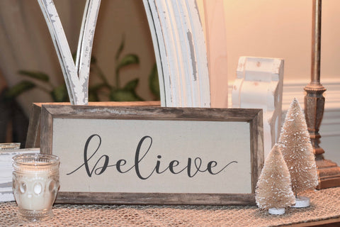 Sign, Wooden and Canvas - Vintage "Believe" (Script)