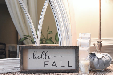 Sign - Wooden Stained Frame and Natural Canvas Vintage "Hello Fall" (Script)