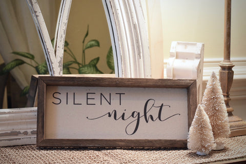 Sign - Wooden Stained Frame & Natural Canvas, Vintage "Silent Night" (Script)